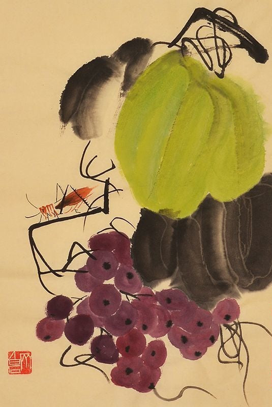 Qi Baishi inspired hand-painted Chinese green melon, grapes and mantis painting, 45 x 35 cm