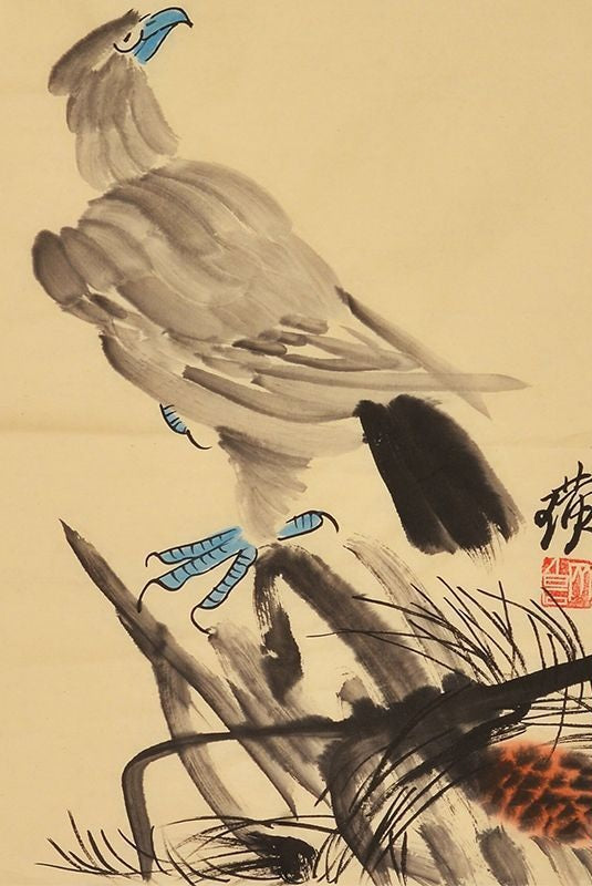 Qi Baishi inspired hand-painted Chinese grey heron on rocky perch painting, 45 x 35 cm