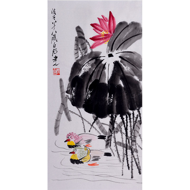 Qi Baishi inspired hand-painted Chinese ink lotus with twin waterfowl, expressive flower-and-bird xieyi painting