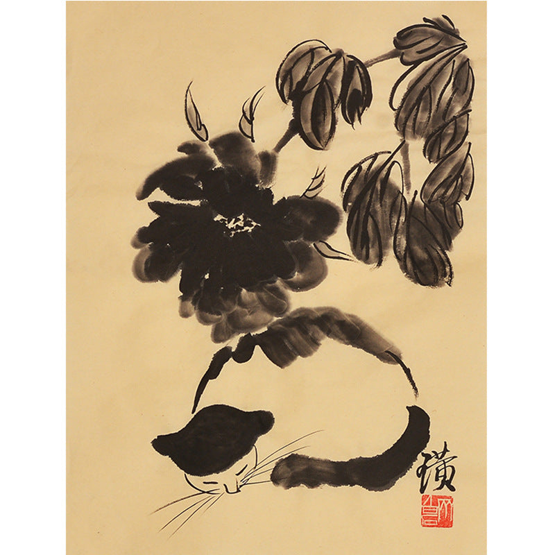 Hand-painted Chinese Qi Baishi inspired ink peony and cicada painting, 35 x 45 cm xieyi flower and insect wall art