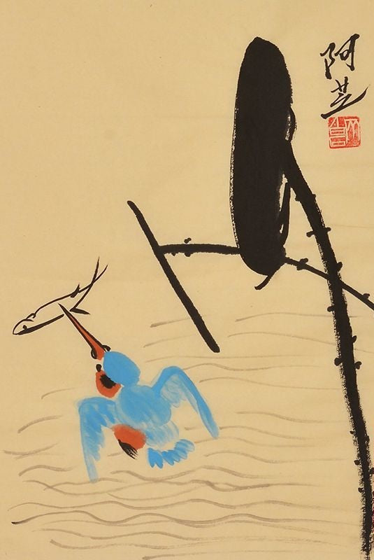 Qi Baishi inspired hand-painted Chinese kingfisher diving toward fish painting, 45 x 35 cm