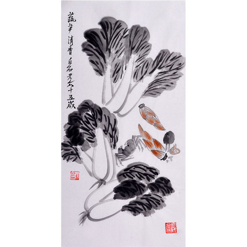 Qi Baishi inspired hand-painted Chinese leafy greens and crabs xieyi painting, traditional vegetable and animal ink art