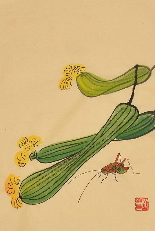 Qi Baishi inspired hand-painted Chinese loofah gourds and grasshopper painting, 45 x 35 cm