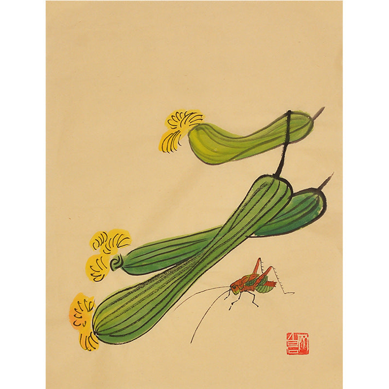 Hand-painted Chinese Qi Baishi inspired loofah vines and insect painting, 35 x 45 cm xieyi vegetable and grass-insect wall art