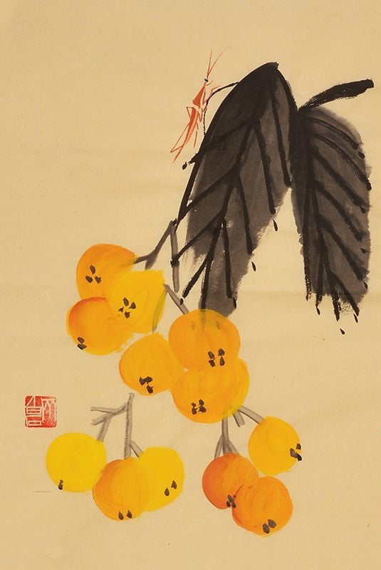 Qi Baishi inspired hand-painted Chinese loquat branch and insect painting, 45 x 35 cm