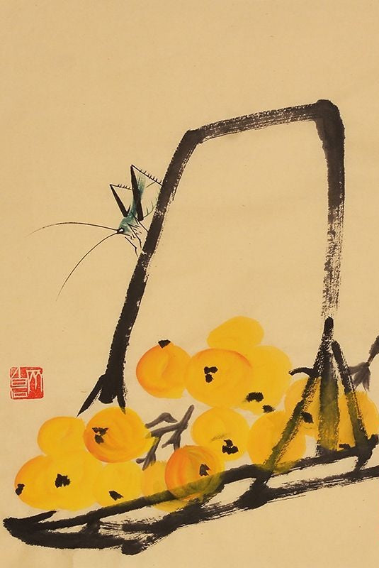 Qi Baishi inspired hand-painted Chinese loquats in basket and grasshopper painting, 45 x 35 cm
