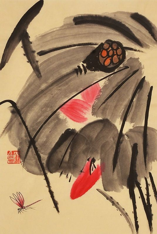 Qi Baishi inspired hand-painted Chinese red lotus and seed pod painting, 45 x 35 cm