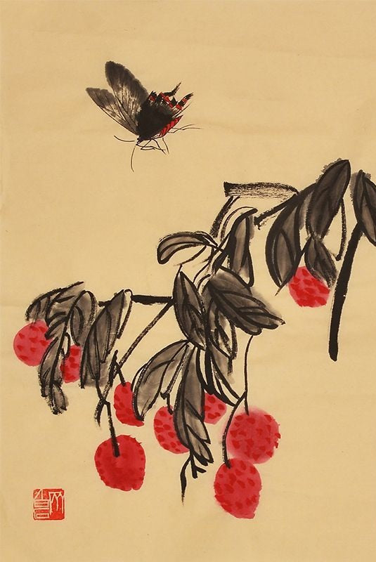 Qi Baishi inspired hand-painted Chinese lychees and bee painting, 45 x 35 cm