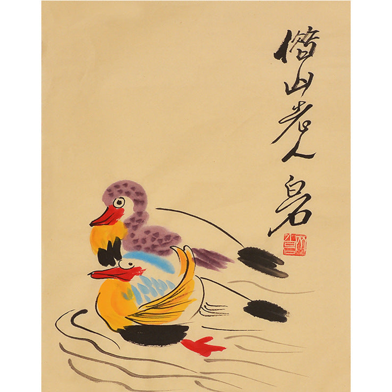 Hand-painted Chinese Qi Baishi inspired colorful duck on water painting, 35 x 45 cm xieyi bird wall art