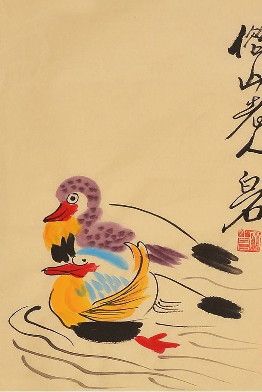 Qi Baishi inspired hand-painted Chinese pair of mandarin ducks on water, 45 x 35 cm