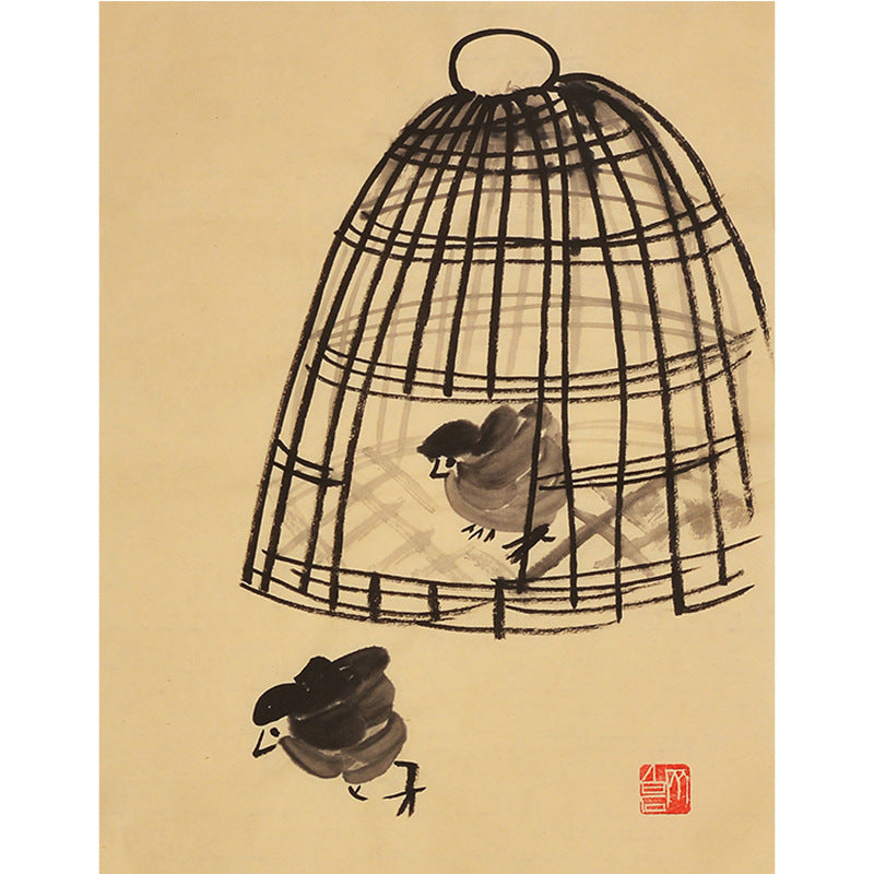 Hand-painted Chinese Qi Baishi inspired mice and birdcage painting, 35 x 45 cm playful xieyi animal album leaf wall art