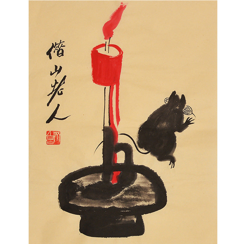 Hand-painted Chinese Qi Baishi inspired mouse and red candle painting, 35 x 45 cm playful xieyi animal wall art