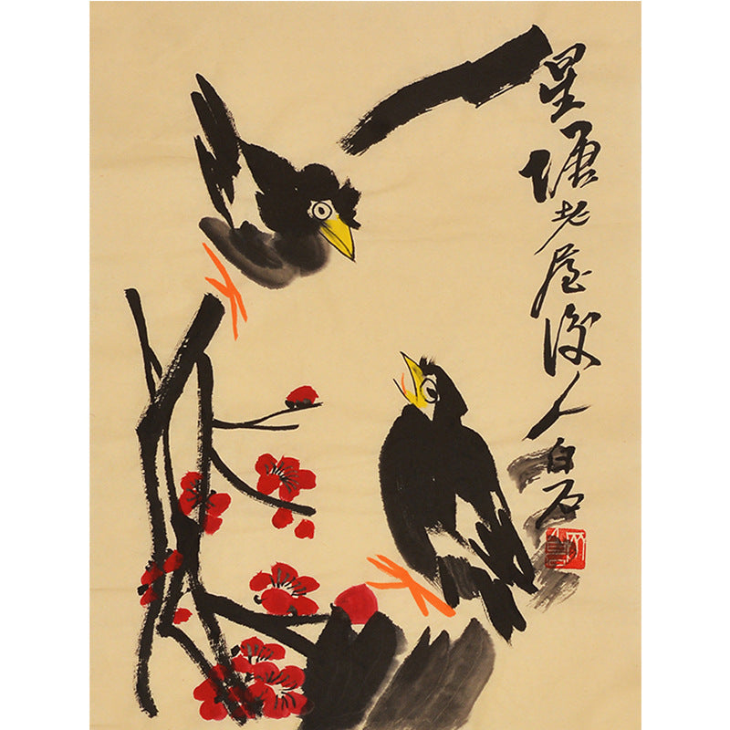 Hand-painted Chinese Qi Baishi inspired mynah birds and red berries painting, 35 x 45 cm xieyi flower and bird wall art