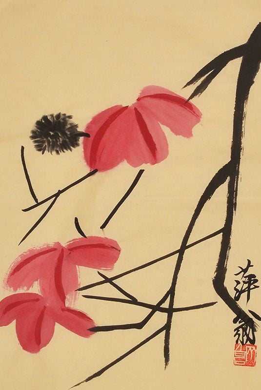 Qi Baishi inspired hand-painted Chinese pink lotus and seed pod painting, 45 x 35 cm