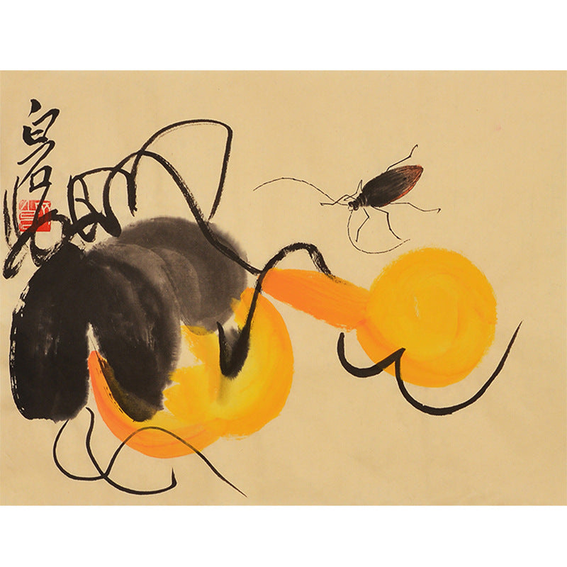 Hand-painted Chinese Qi Baishi inspired pumpkins and beetle painting, 35 x 45 cm xieyi vegetable and insect Chinese wall art