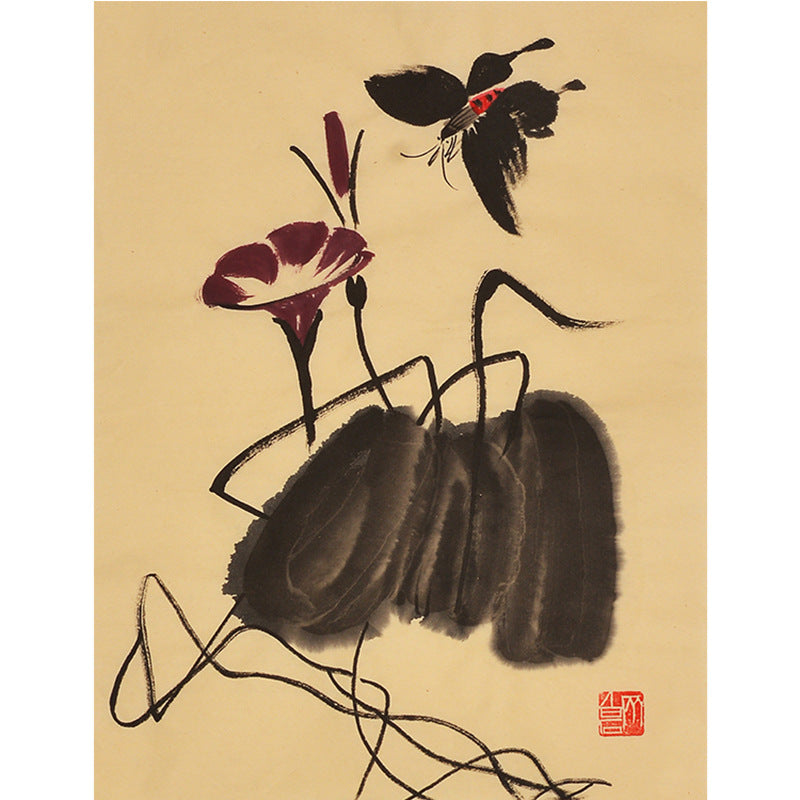 Hand-painted Chinese Qi Baishi inspired purple morning glory and bee painting, 35 x 45 cm xieyi flower and insect wall art