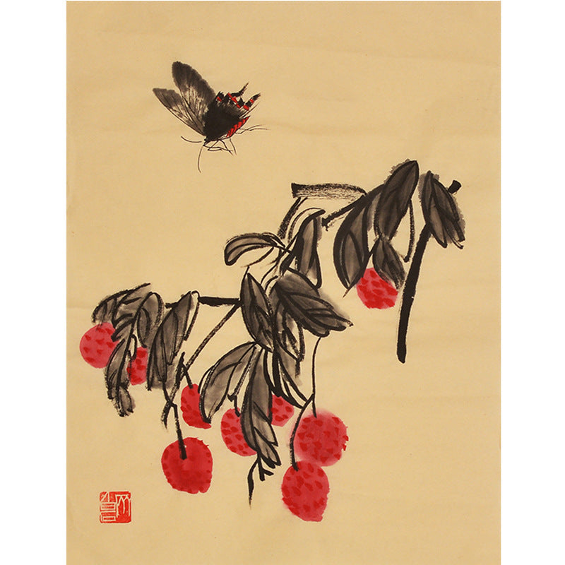 Hand-painted Chinese Qi Baishi inspired red berries and moth painting, 35 x 45 cm xieyi flower insect album leaf wall art