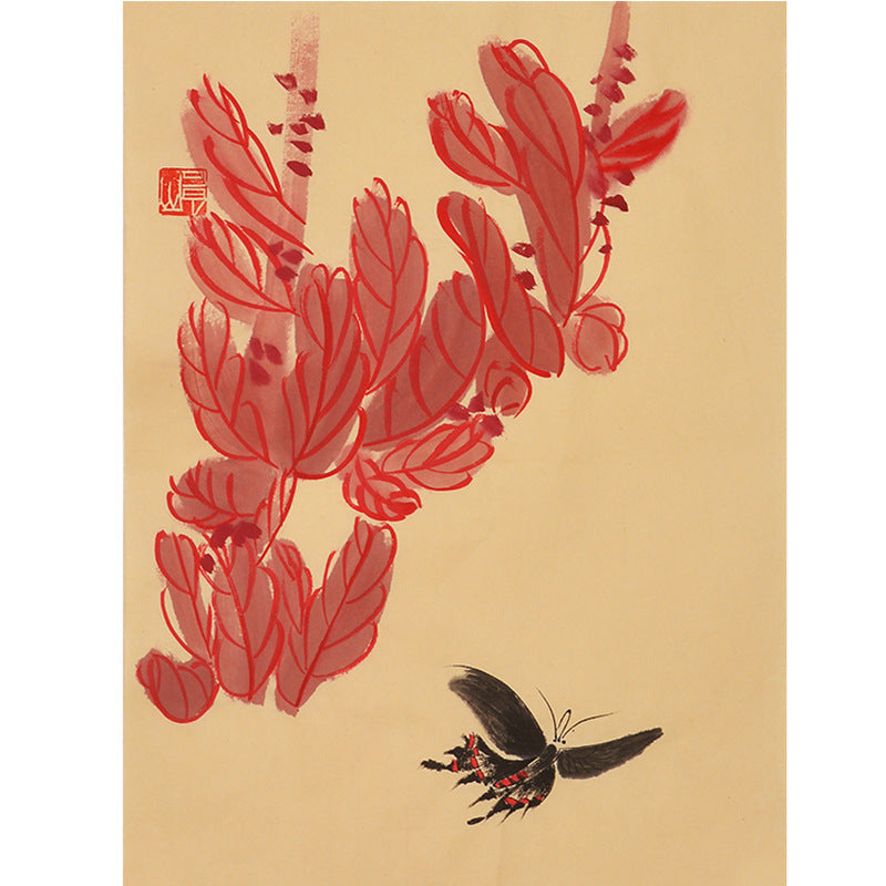 Hand-painted Chinese Qi Baishi inspired red blossoms and bumblebee painting, 35 x 45 cm xieyi flower and insect wall art