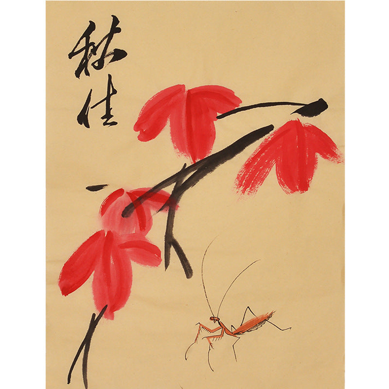 Hand-painted Chinese Qi Baishi inspired red blossoms and grasshopper painting, 35 x 45 cm xieyi flower and insect wall art