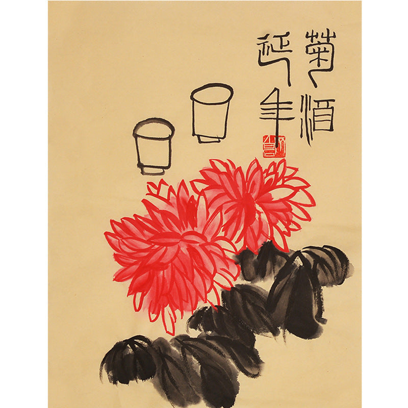 Hand-painted Chinese Qi Baishi inspired red chrysanthemum and tea cups painting, 35 x 45 cm xieyi floral album leaf wall art