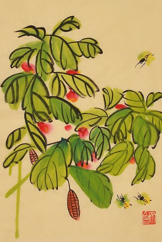 Qi Baishi inspired hand-painted Chinese red fruit tree and bee painting, 45 x 35 cm