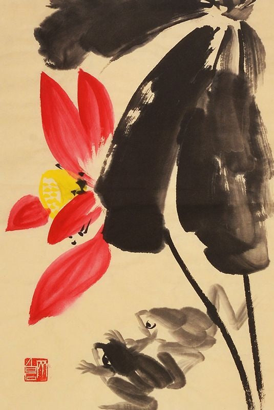 Qi Baishi inspired hand-painted Chinese red lotus and ink leaves painting, 45 x 35 cm