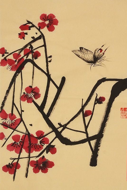 Qi Baishi inspired hand-painted Chinese red plum blossom and bee painting, 45 x 35 cm