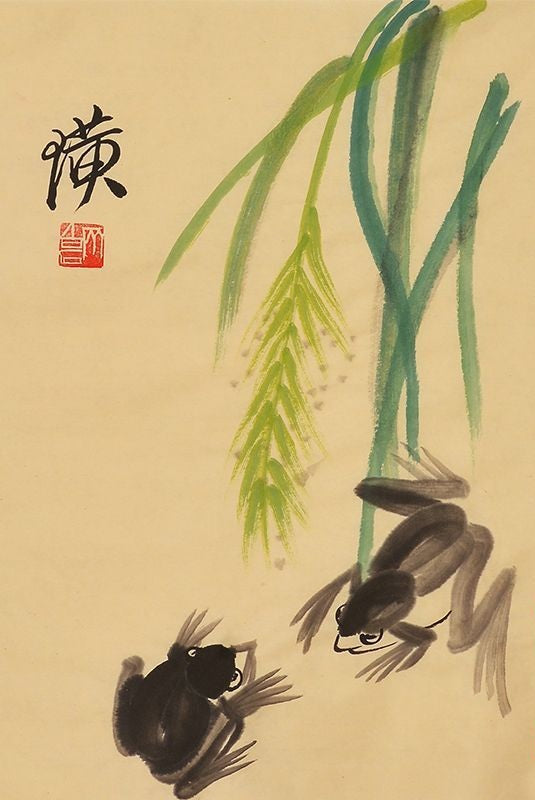 Qi Baishi inspired hand-painted Chinese rice stalks and crabs painting, 45 x 35 cm