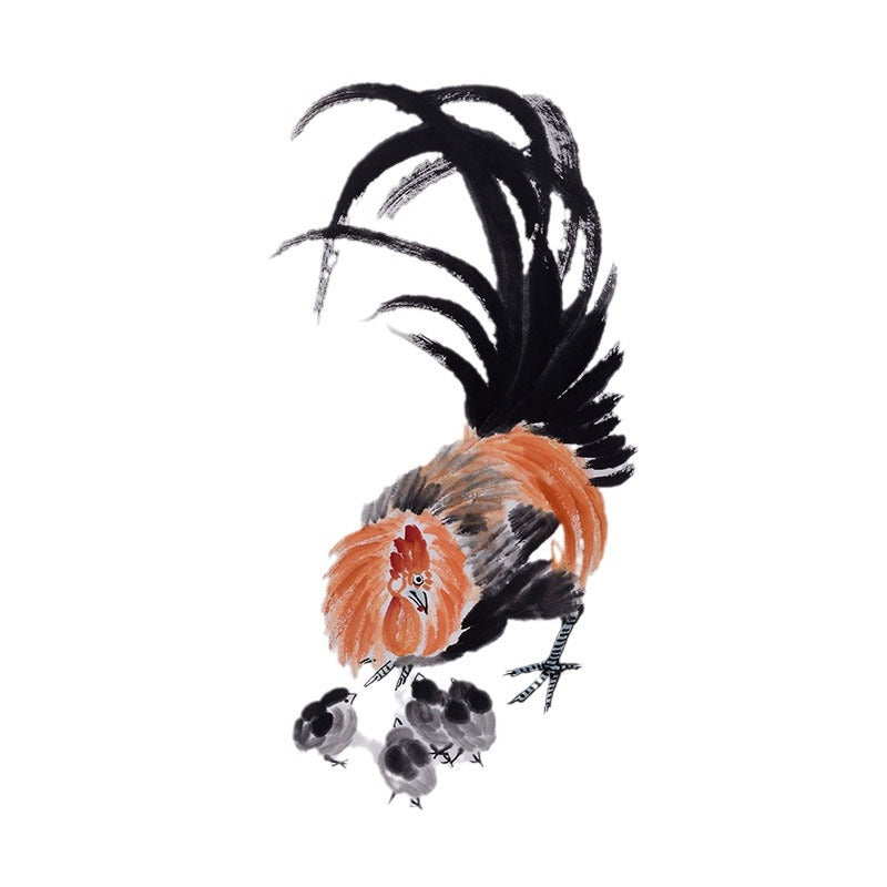 Qi Baishi inspired hand-painted Chinese rooster with three chicks, expressive xieyi animal and bird painting