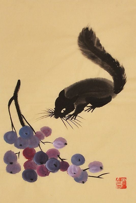 Qi Baishi inspired hand-painted Chinese squirrel and purple grapes painting, 45 x 35 cm