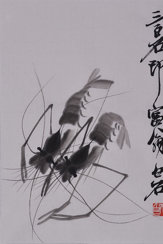 Qi Baishi inspired hand-painted Chinese twin ink shrimp painting, 45 x 35 cm