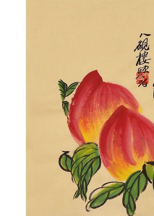 Qi Baishi inspired hand-painted Chinese twin longevity peaches painting, 45 x 35 cm