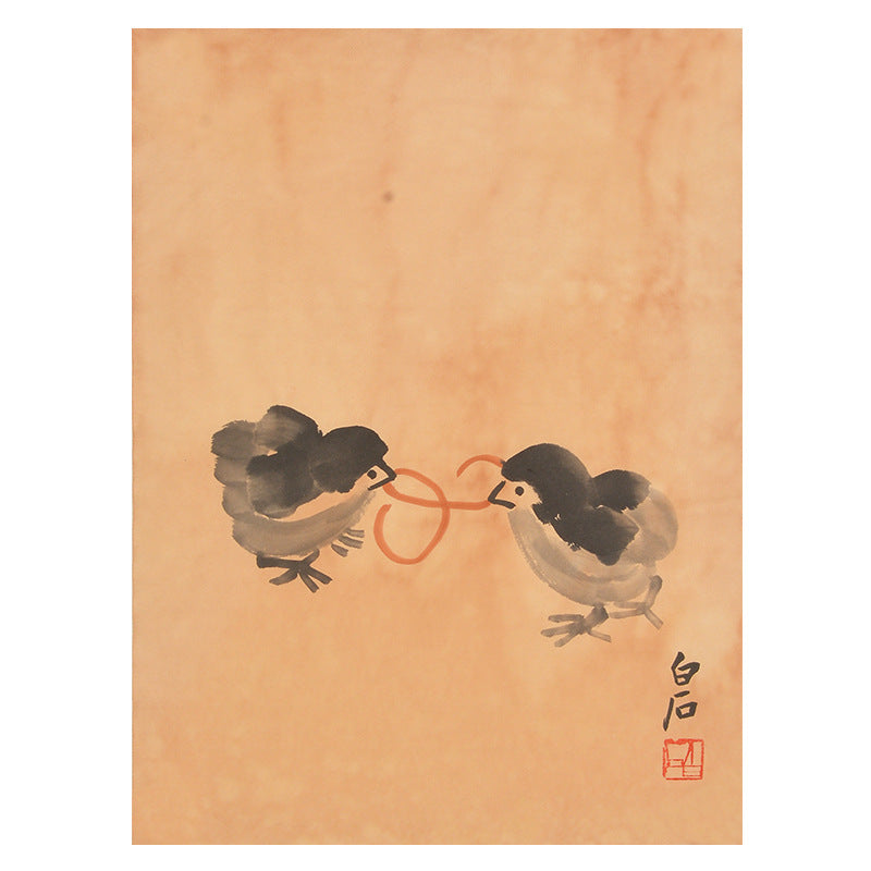 Hand-painted Chinese Qi Baishi inspired two chicks playing with red ribbon painting, 35 x 45 cm playful xieyi bird wall art