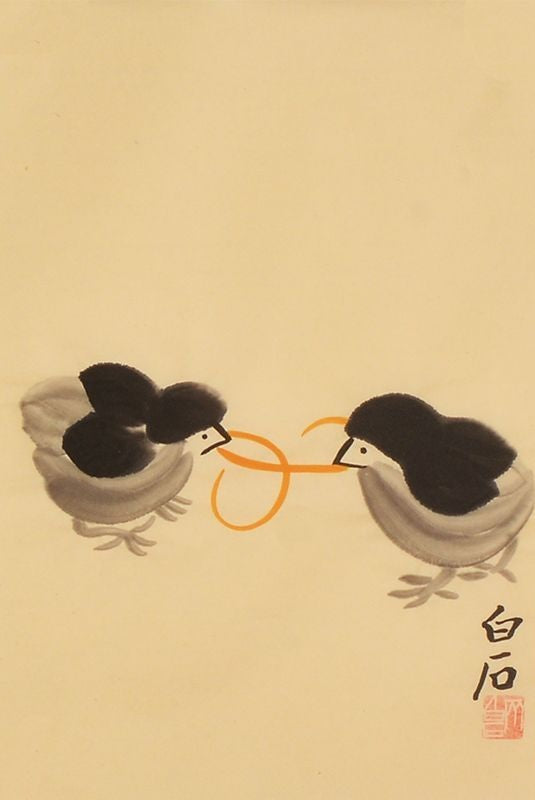 Qi Baishi inspired hand-painted Chinese two chicks with red ring painting, 45 x 35 cm