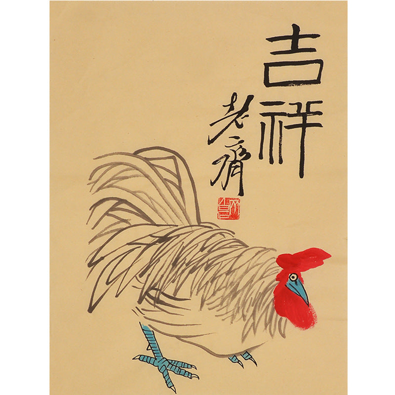 Hand-painted Chinese Qi Baishi inspired white rooster painting, 35 x 45 cm xieyi Chinese zodiac chicken wall art