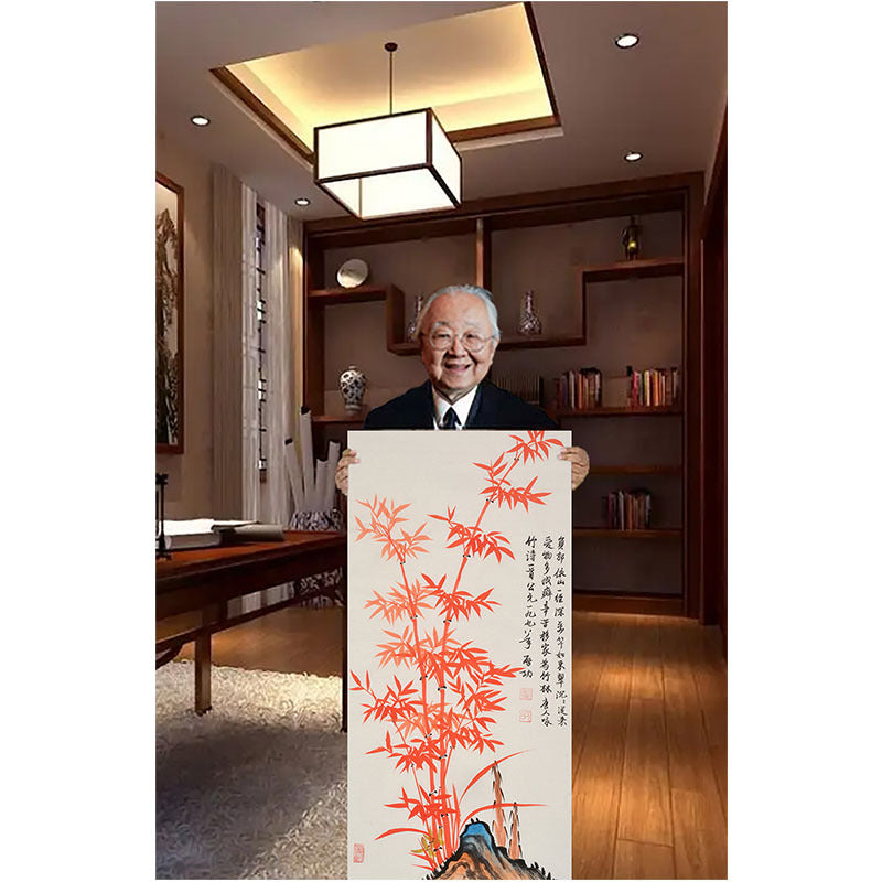 Chinese red bamboo painting displayed in a warm wood Neo-Chinese home interior