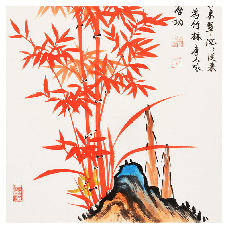Lower detail of hand-painted Chinese red bamboo with blue scholar rock and calligraphy