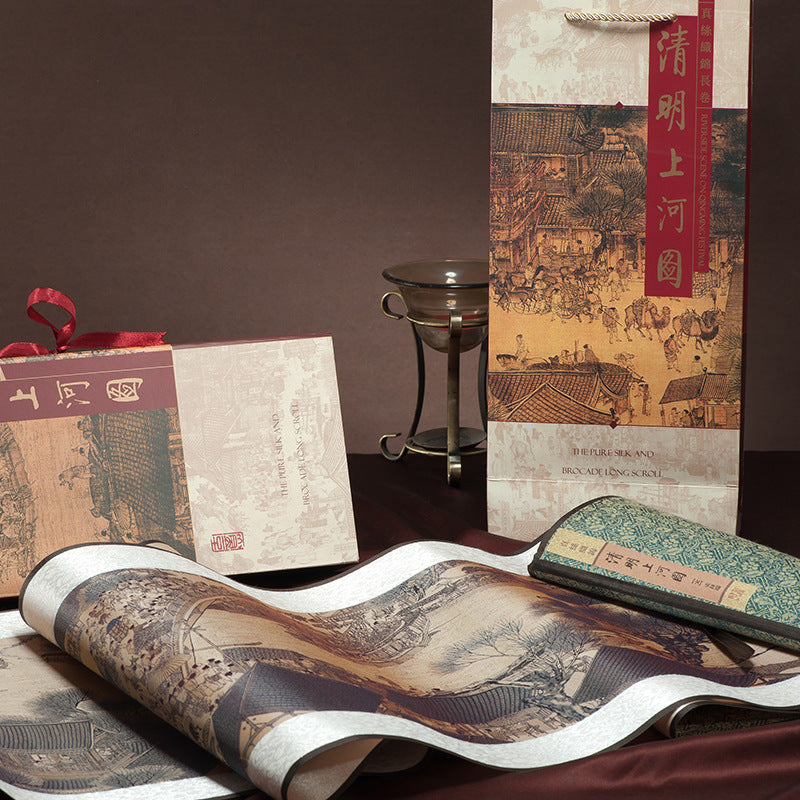 Chinese Qingming Festival city scene decorative brocade handscroll inspired by Zhang Zeduan