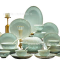 Qingying pale celadon green porcelain dinnerware set with delicate floral pattern and gold trim