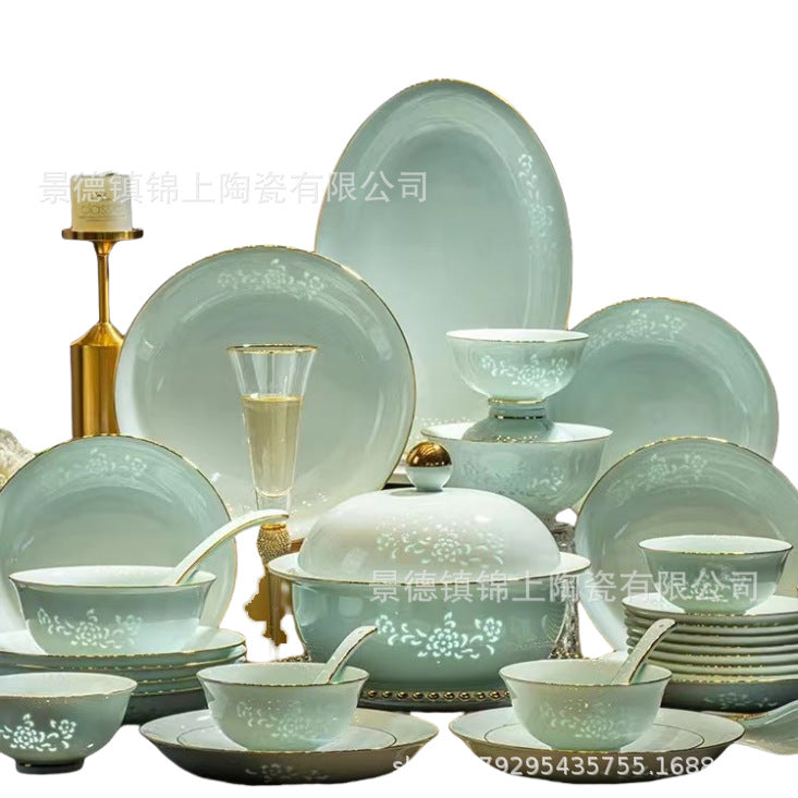 Qingying pale celadon green porcelain dinnerware set with delicate floral pattern and gold trim