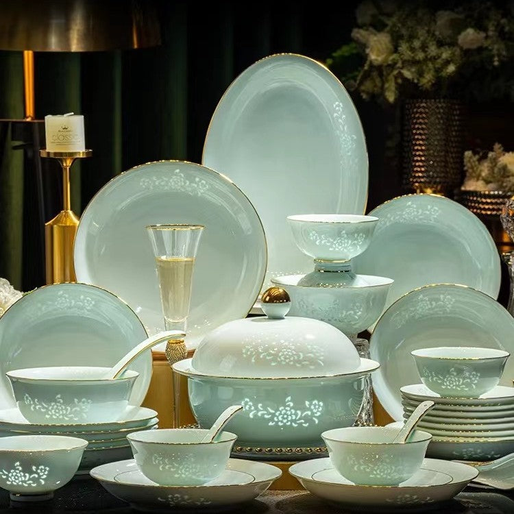 Full Qingying celadon green porcelain dinnerware set with serving bowls plates and gold trim