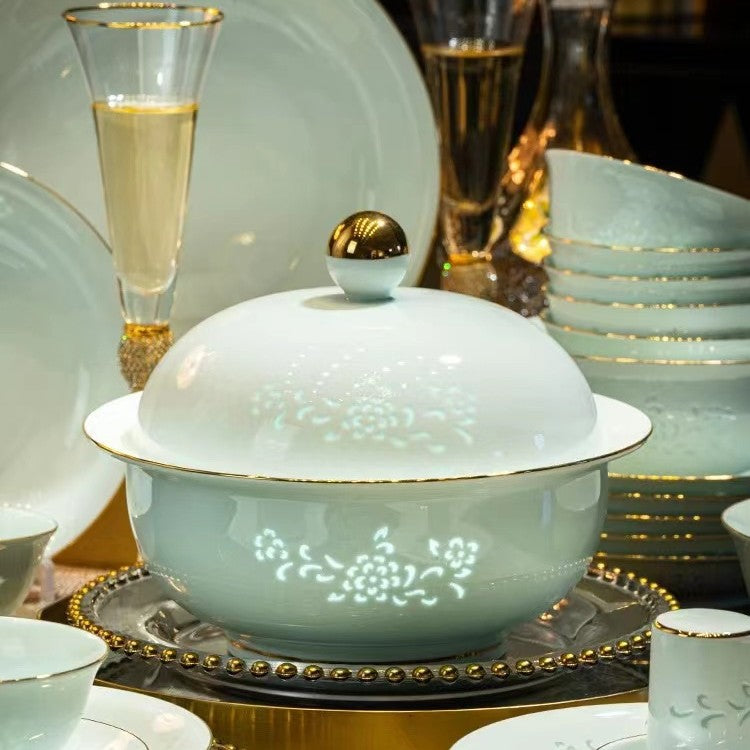 Qingying pale green porcelain covered serving bowl with gold rim and floral pattern