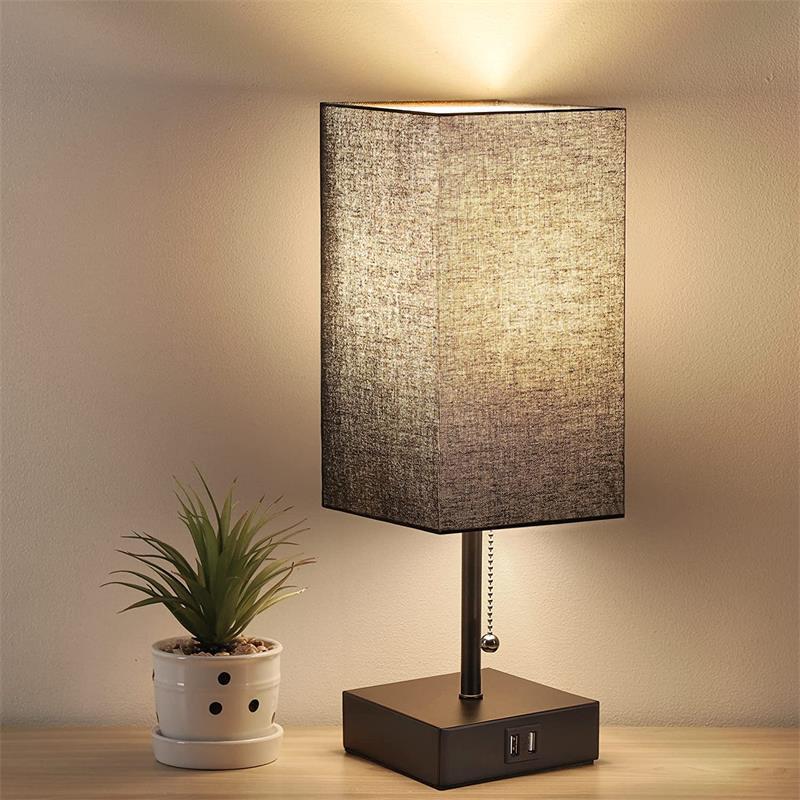 Charcoal rectangular linen shade bedside table lamp with USB charging base