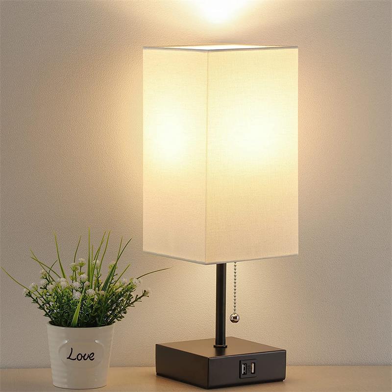 Cream rectangular linen shade table lamp with square charging base
