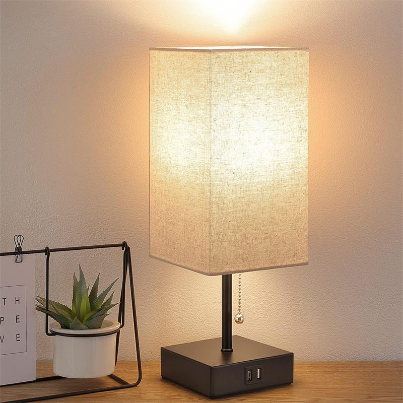 Ivory rectangular linen shade USB bedside lamp with black square base