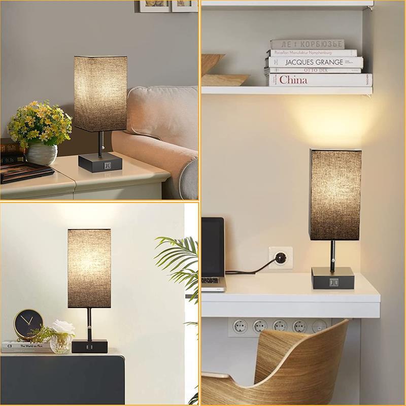 Rectangular USB table lamp shown on bedroom desk and office surfaces