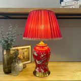 Red Bird & Blossom Chinoiserie Ceramic Table Lamp – Decorative Porcelain Bedside Light with 4 Shade Styles & US/EU/UK/AU/JP Plug Options