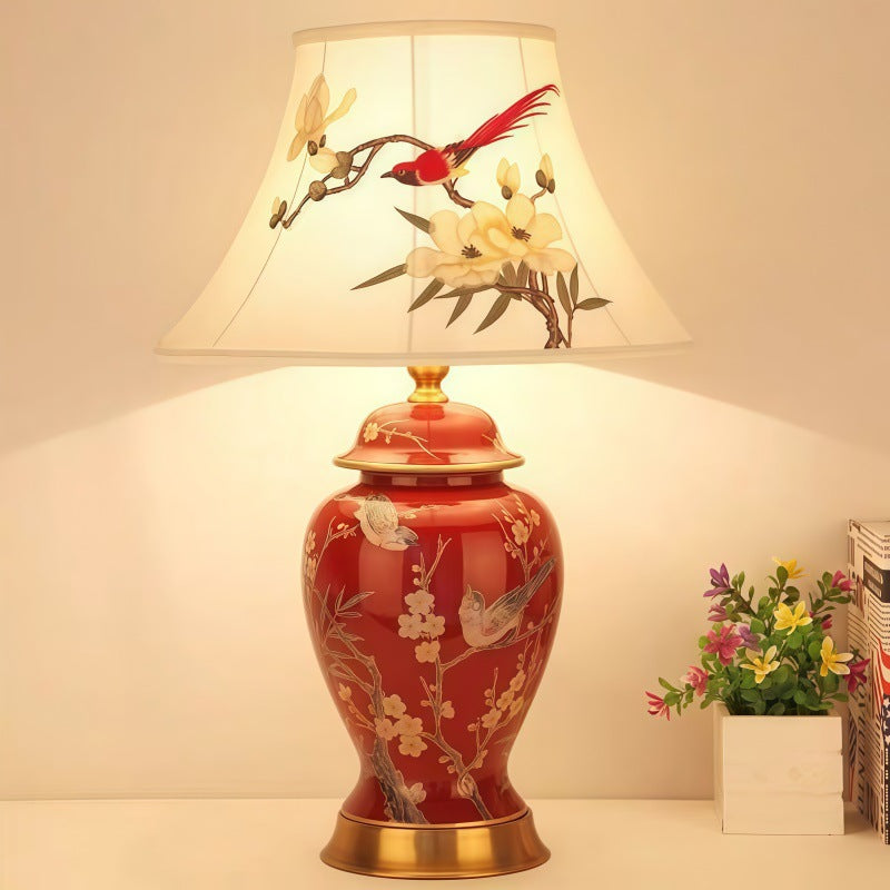 Red ceramic bird and flower table lamp with printed shade for living room decor