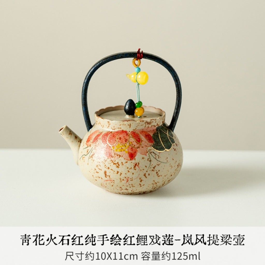 Red koi and lotus lift-handle ceramic teapot specification image, approximately 10 by 11cm and 125ml