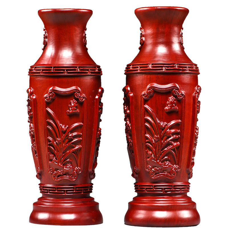 Detailed red Huali wood carved flower vase pair with floral relief for Chinese interior styling and housewarming gifts
